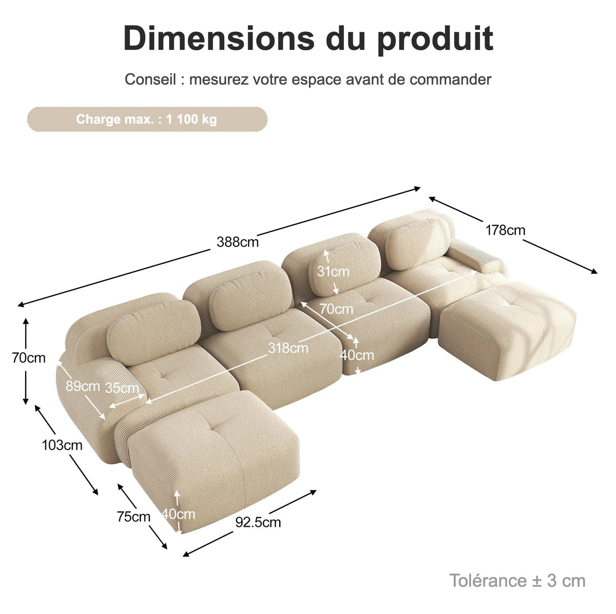 Dimensions du canapé modulable en U – 388 × 178 cm