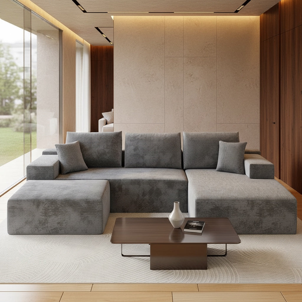 maison velours grey velvet U-shaped modular sectional sofa with ribbed texture in a modern minimalist living room