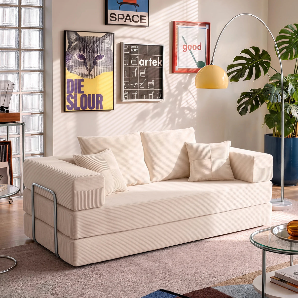 Canapé-lit en velours côtelé beige
