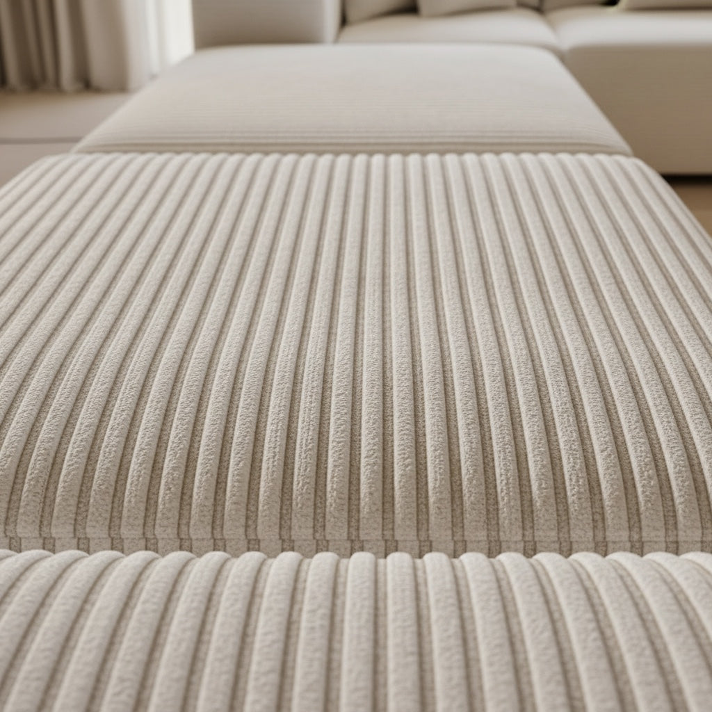 Close-up of a beige corduroy modular sofa by maison velours, showing the textured ribbed fabric and soft cushion design.